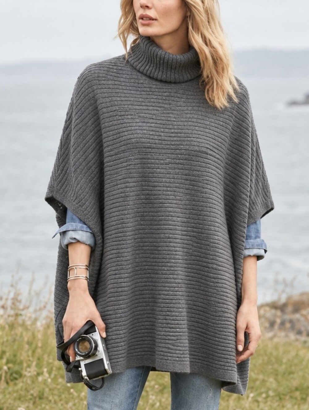 Garnet Hill 100% Cashmere Oversized Turtleneck Sweater Cape L Grey Poncho NWT